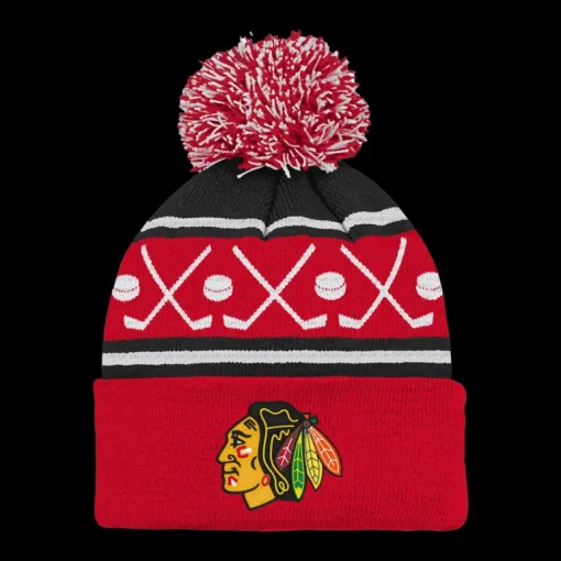 Faceoff Cuff Knit Beanie with pom Blackhawks - 24/25, supportermössa, unisex - NHL-Produkter - Faceoff Cuff Knit Beanie with pom Blackhawks - 24/25, supportermössa, unisex