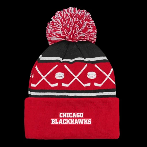 Faceoff Cuff Knit Beanie with pom Blackhawks - 24/25, supportermössa, unisex - NHL-Produkter - Faceoff Cuff Knit Beanie with pom Blackhawks - 24/25, supportermössa, unisex